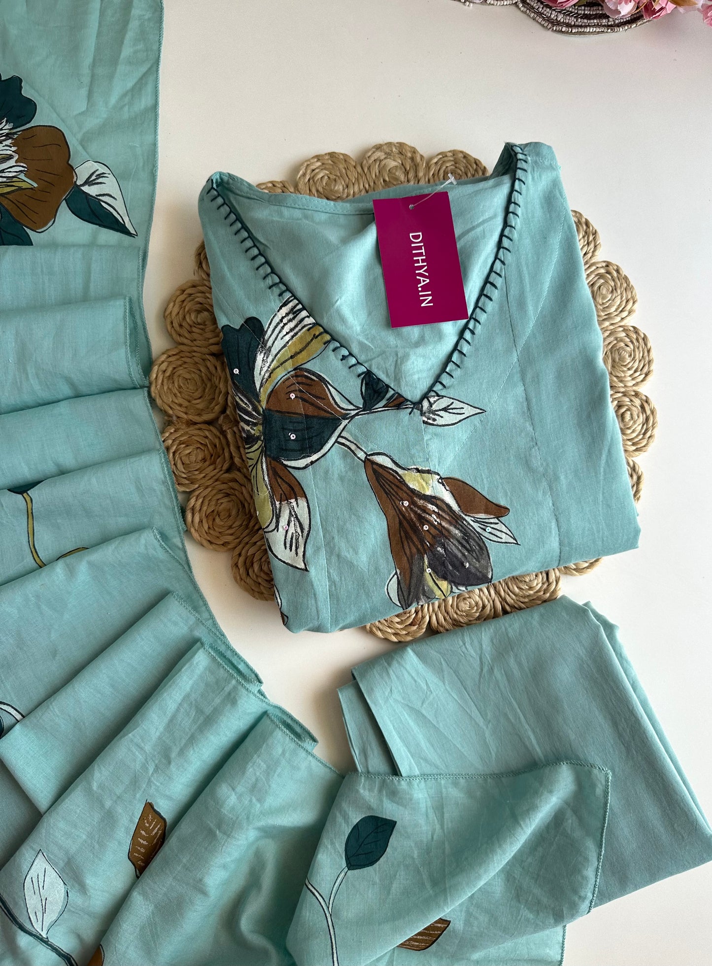 K353 - Mulmul cotton floral Anarkali with pants and dupatta
