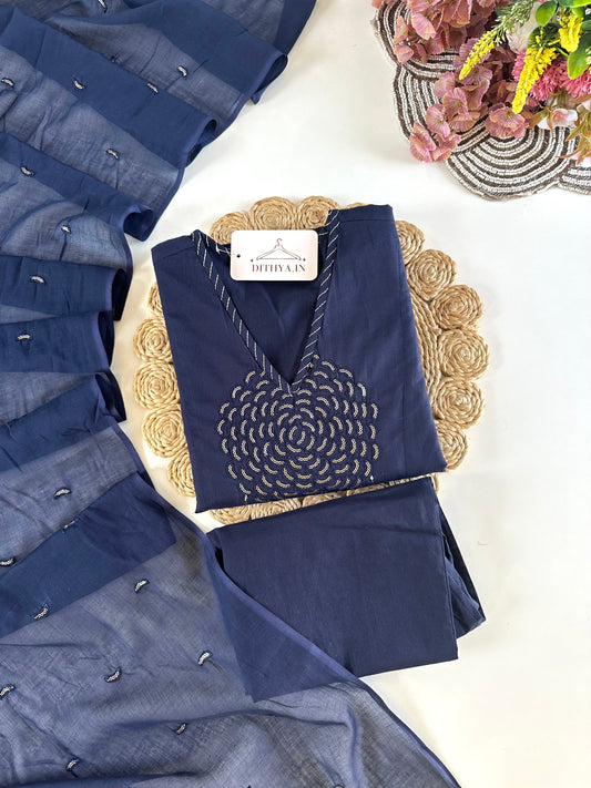 K473 - Mul cotton embroidered straight Kurti with pants and dupatta