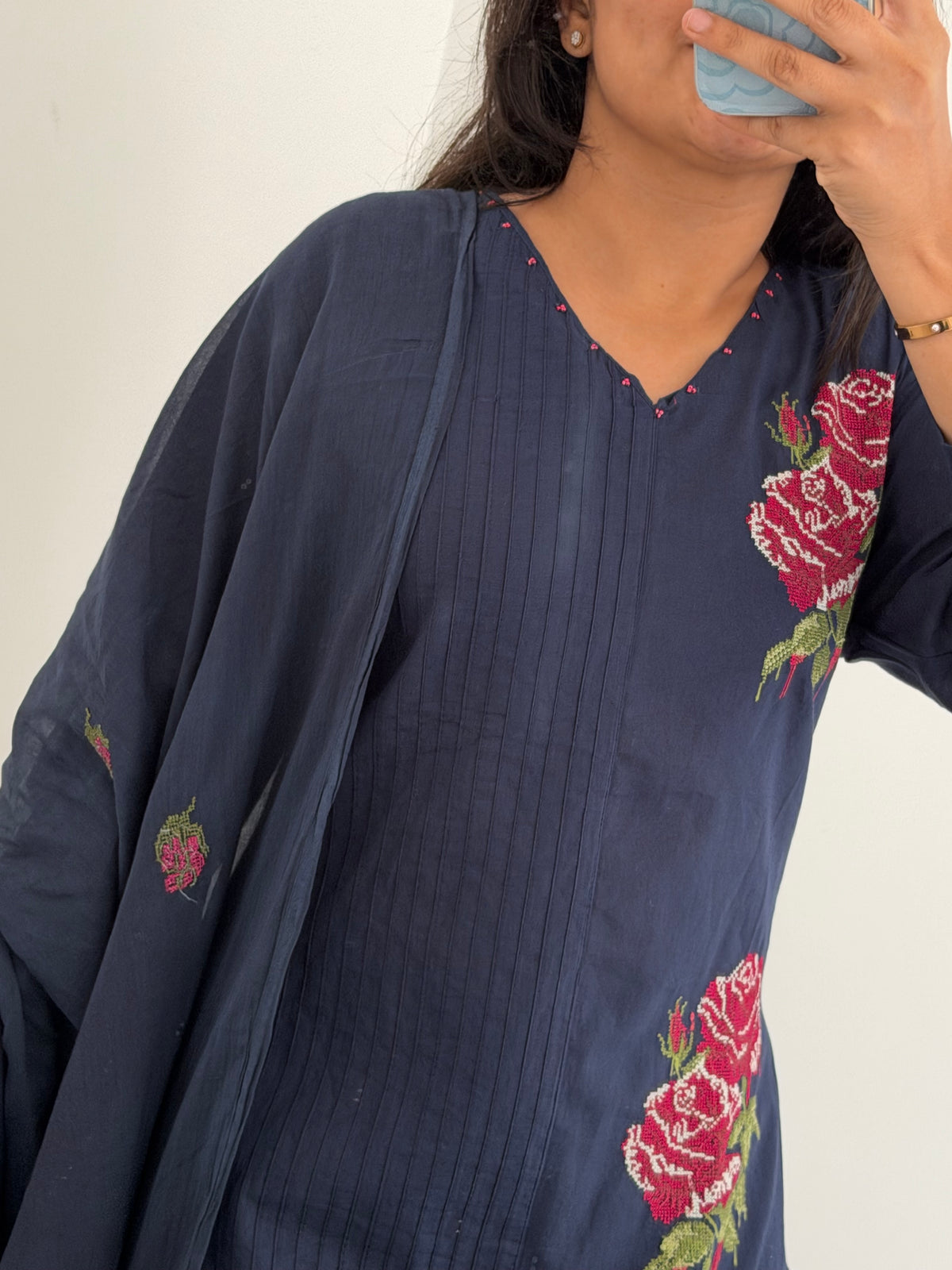 K576 - Mul cotton embroidered straight Kurti with pants and dupatta