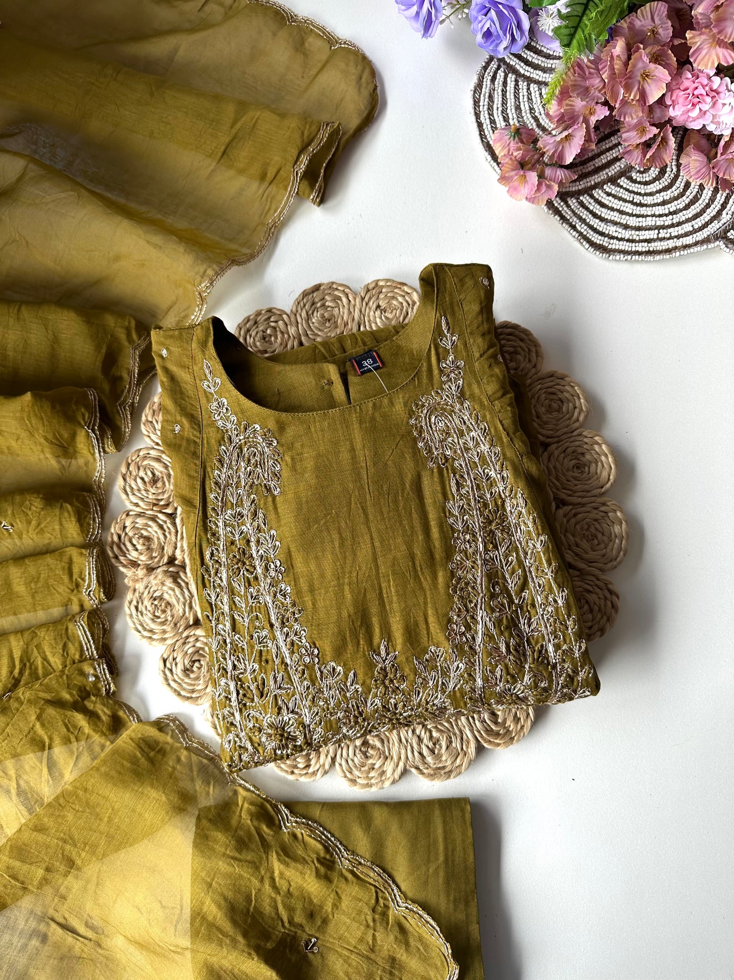 K197 - Mul Chanderi zari work Aline Kurti with pants and dupatta