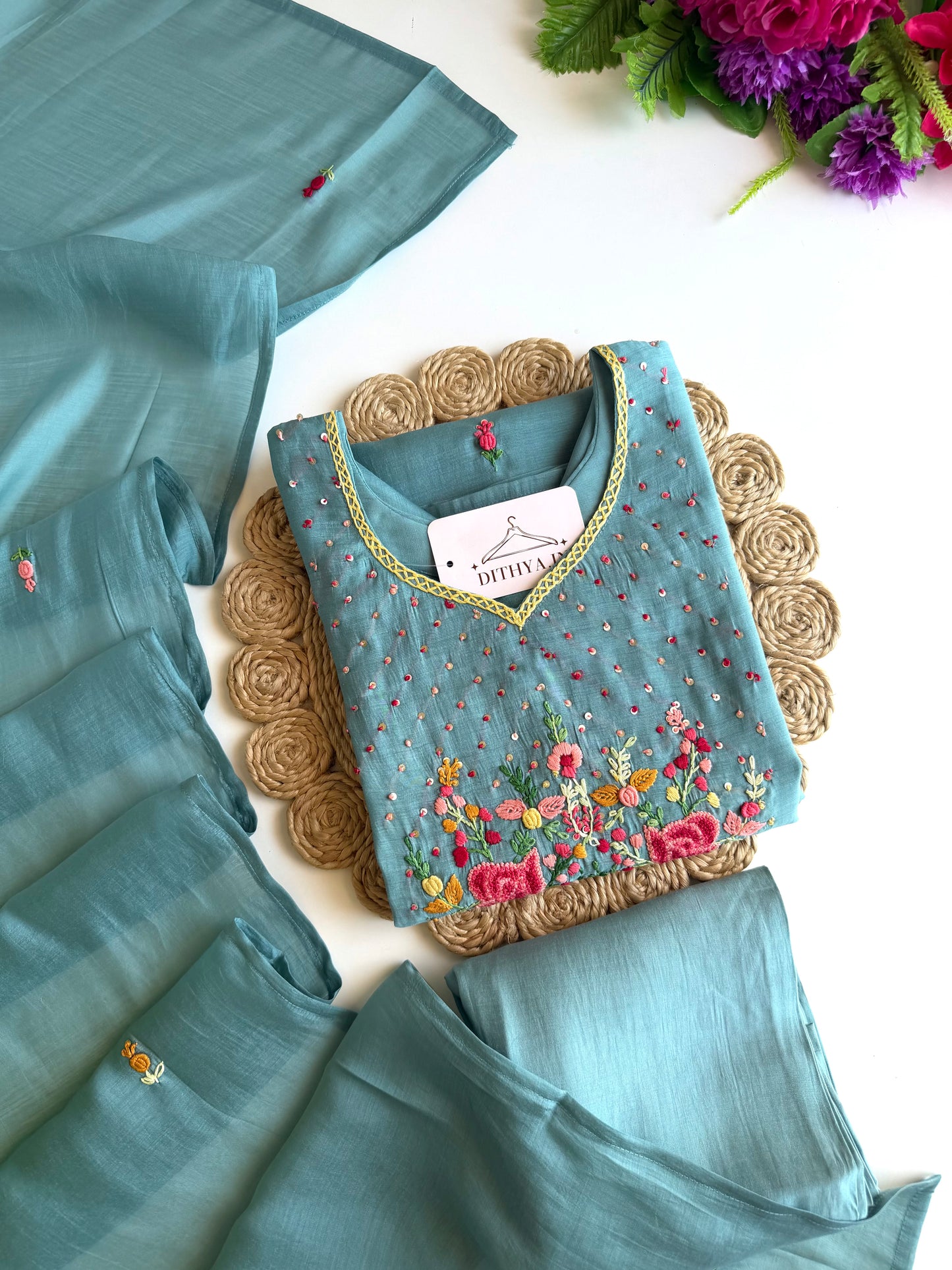 K275 - Surat Mul chanderi embroidered straight Kurti with pants and dupatta