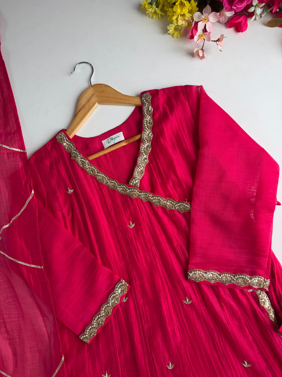 K307 - Pure Banarasi Mul chanderi angrakha embroidered with pants and dupatta