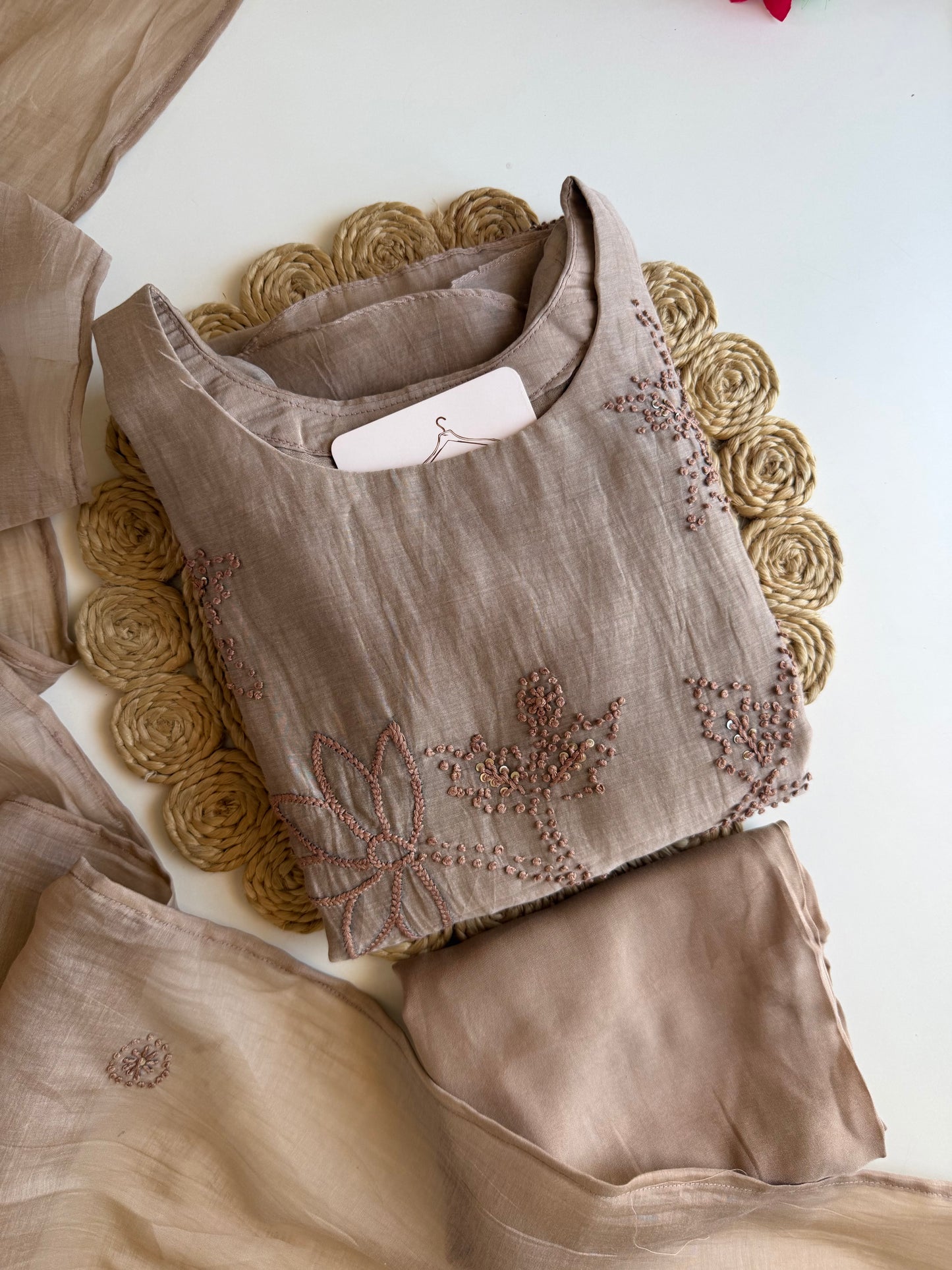 K056 - Mul chanderi French knot embroidered Aline Kurti with pants and dupatta in 2 colours