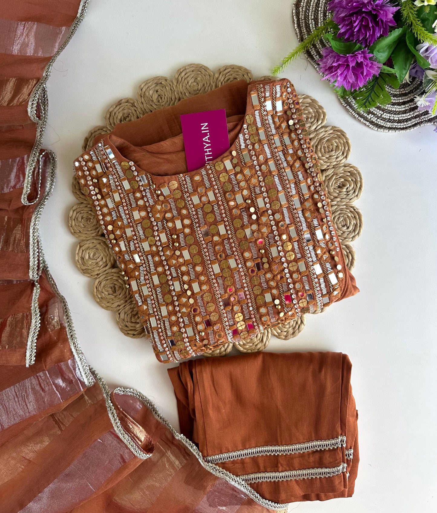 K078 - Pure mul Chanderi mirror work Anarkali with pants and dupatta