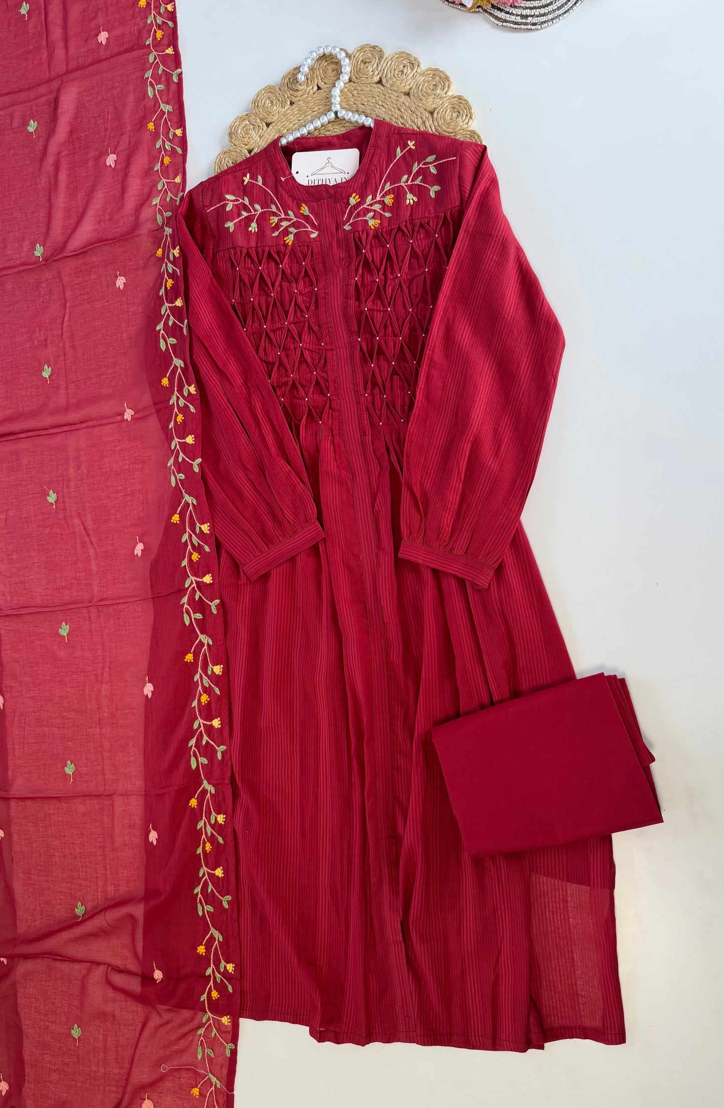 K620 - Mul cotton embroidered Aline Kurti with pants and dupatta