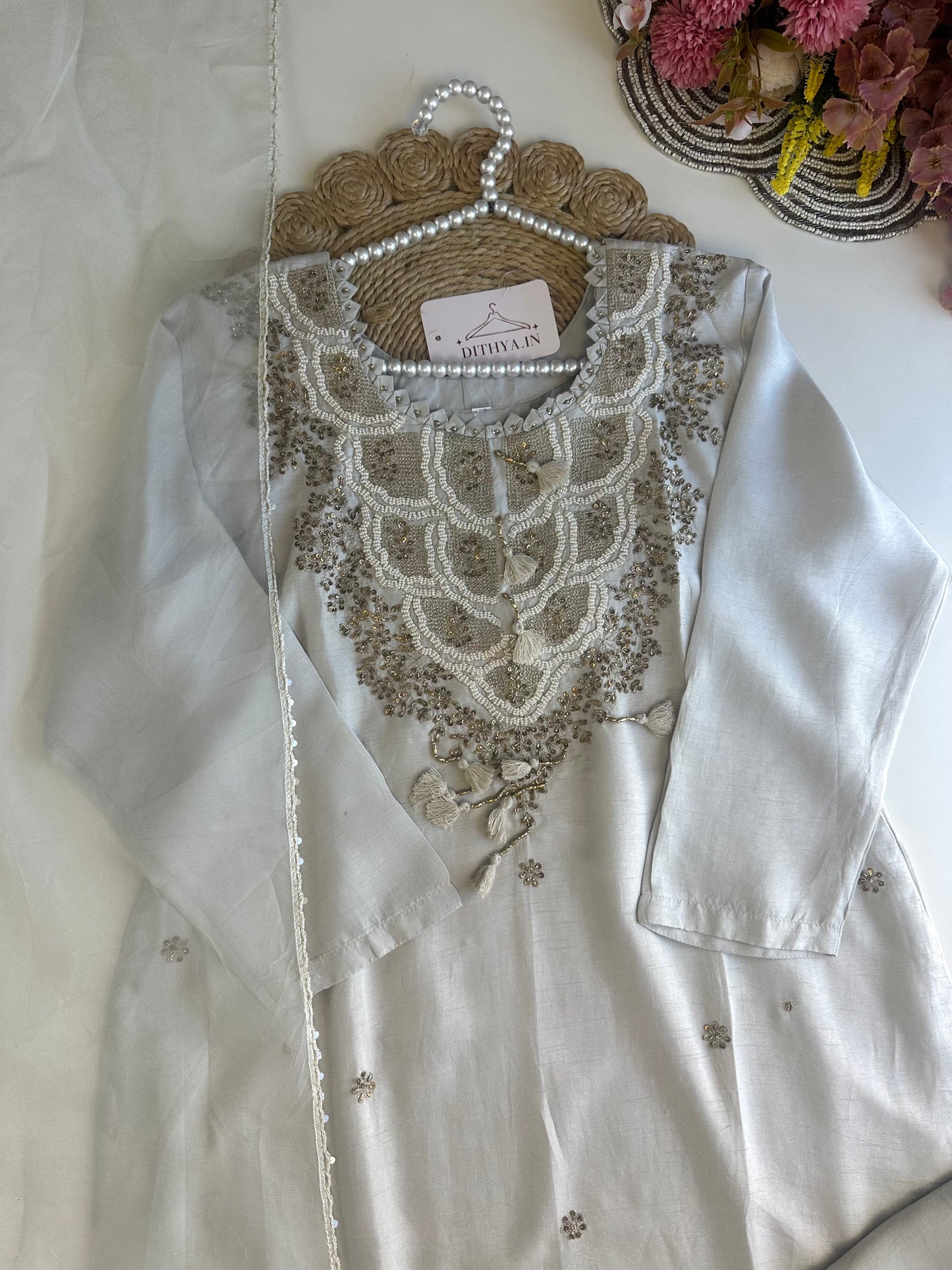 K498 - Russian silk handwork straight Kurti with pants and dupatta