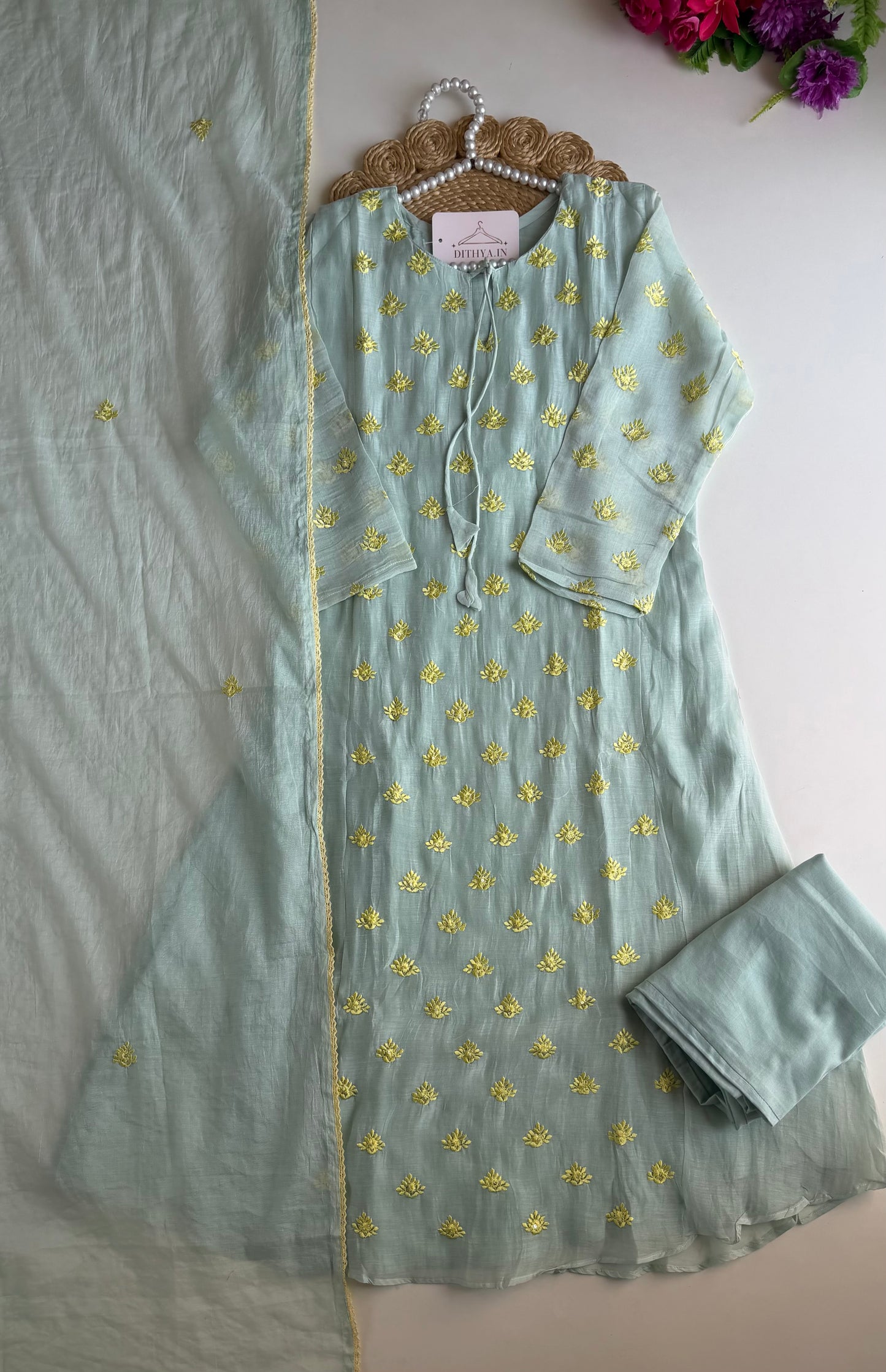 K679 - Mul chanderi embroidered Aline Kurti with pants and dupatta