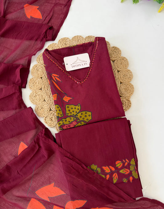 K626 - Mul cotton embroidered straight Kurti with pants and dupatta