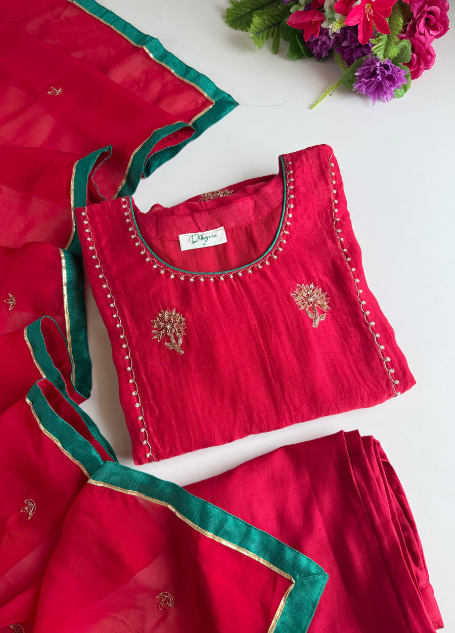 K050 - Mul chanderi handwork aline Kurti with pants and dupatta