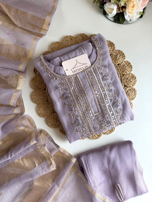 K493 - Mul chanderi handwork aline Kurti with pants and dupatta