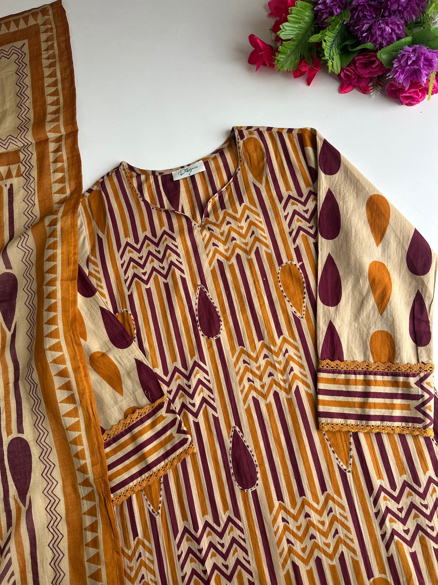 K474 - Mul cotton embroidered straight Kurti with pants and dupatta