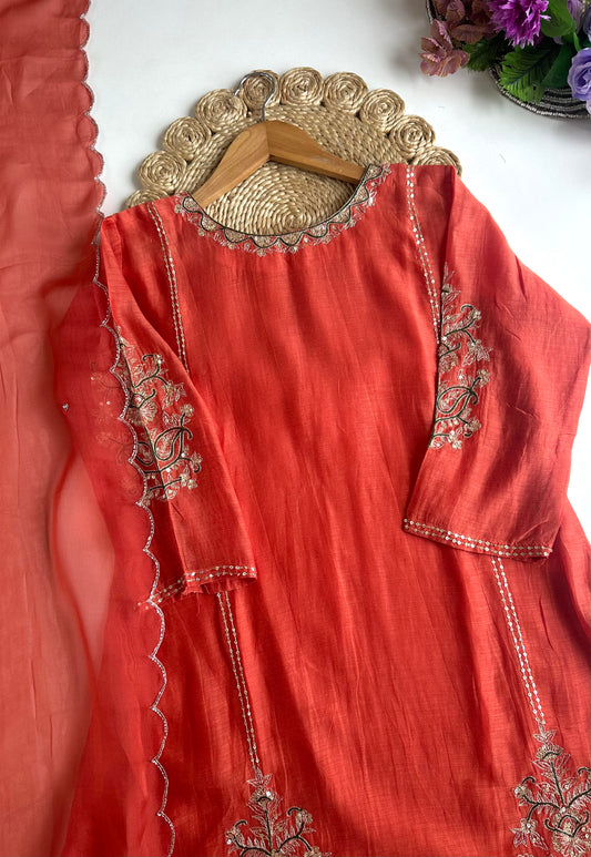 K010 - Mul Chanderi handwork Aline Kurti with pants and dupatta