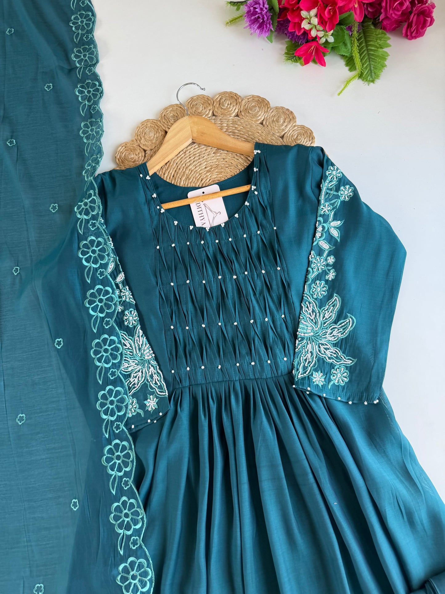 K040 - Surat Mul chanderi embroidered Anarkali with pants and dupatta in 2 colours