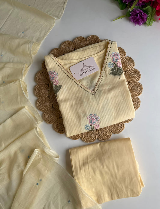 K678 - Mul cotton embroidered straight Kurti with pants and dupatta