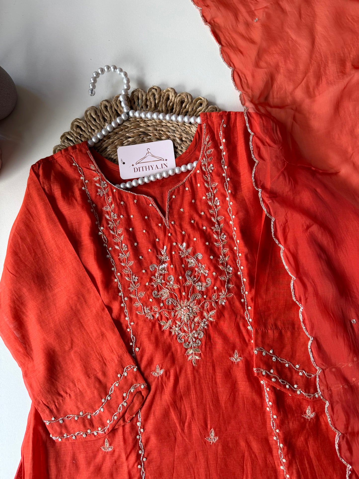 K589 - Mul chanderi handwork short Kurti with palazzo and dupatta