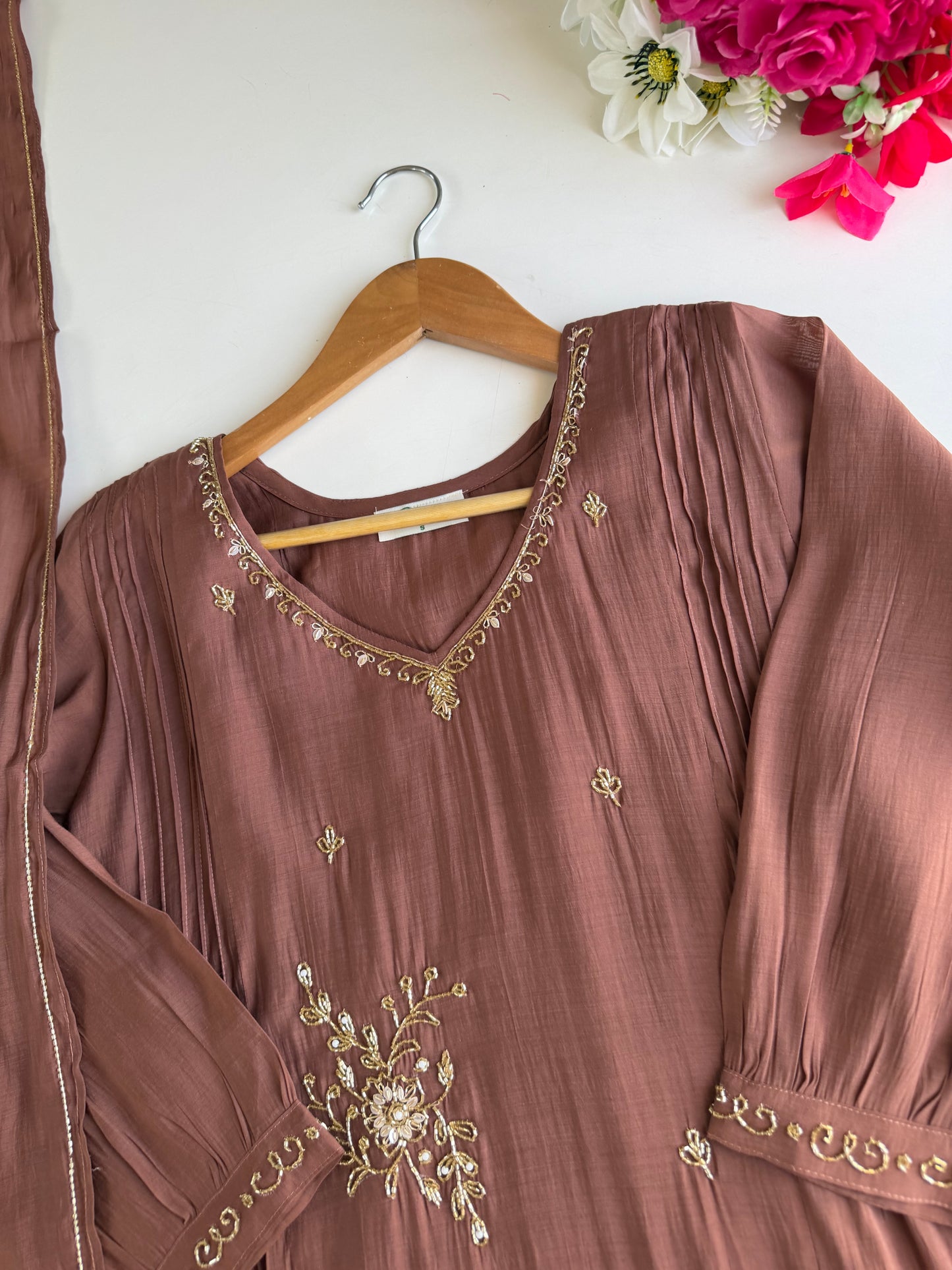 K484 - Surat Mul chanderi handwork aline Kurti with pants and dupatta