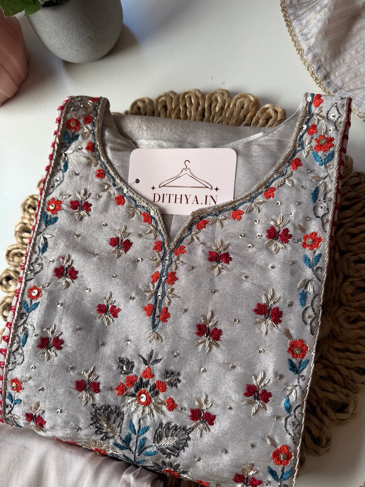 K588 - Kanjivaram Tissue silk Aline Kurti with pants and dupatta