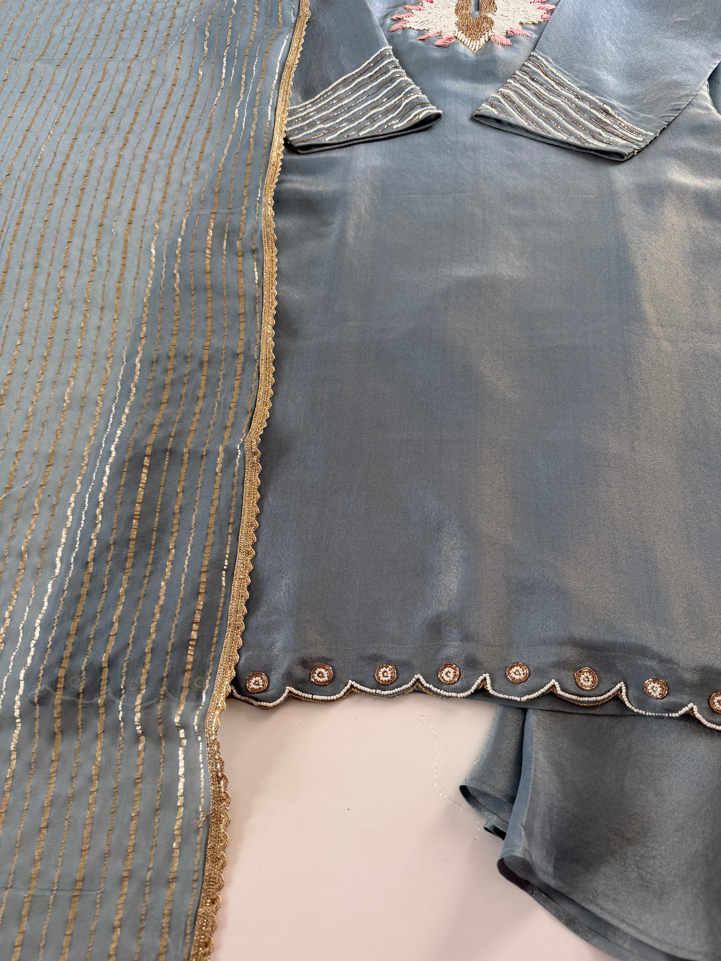 K229 - Tissue silk handwork short Kurti with divider pants and dupatta