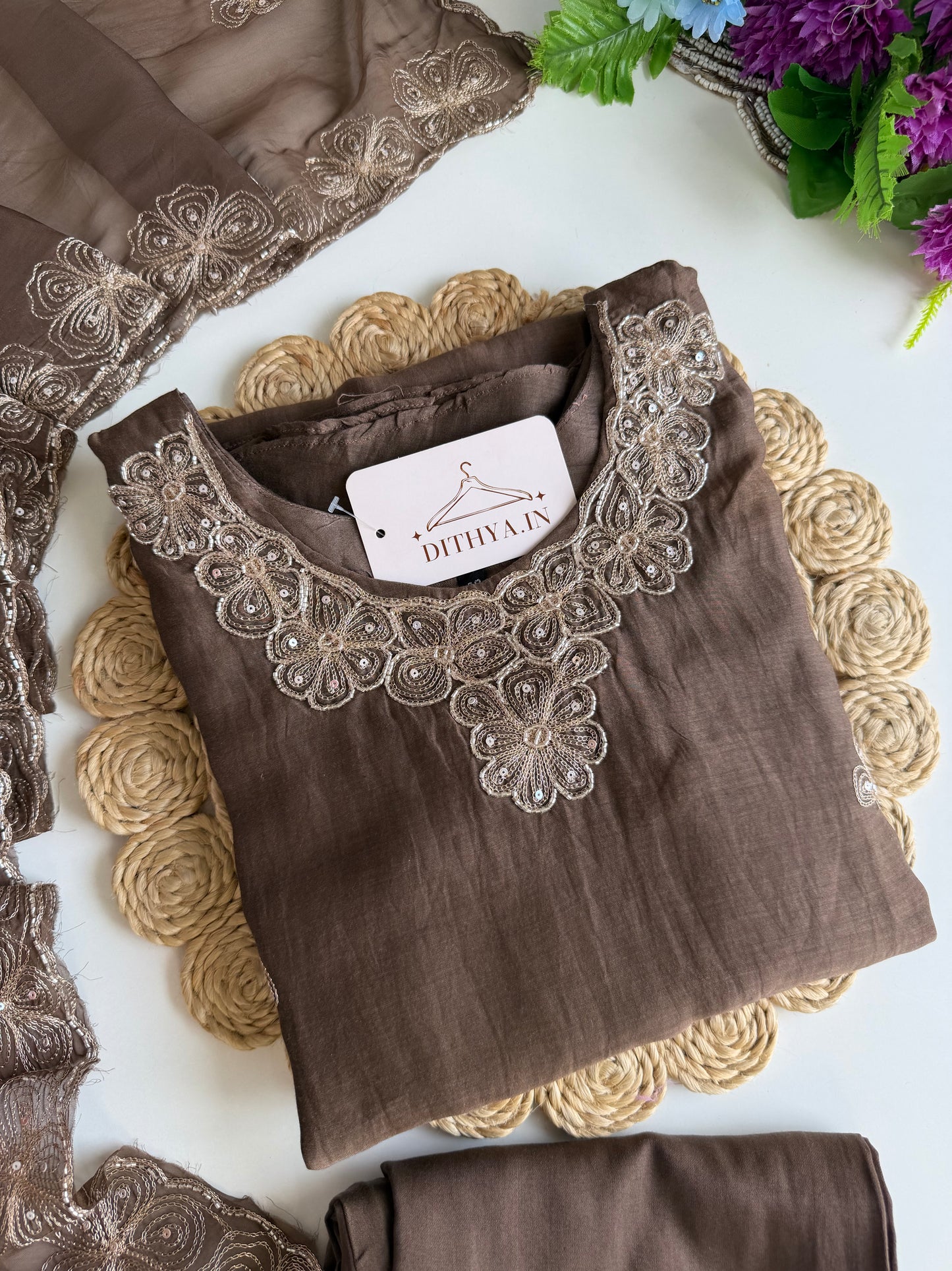 K304 - Mul chanderi zari work Aline Kurti with pants and dupatta