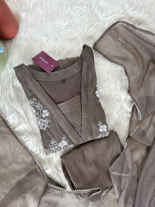 K375 - Mul Chanderi handwork Aline Kurti with pants and dupatta