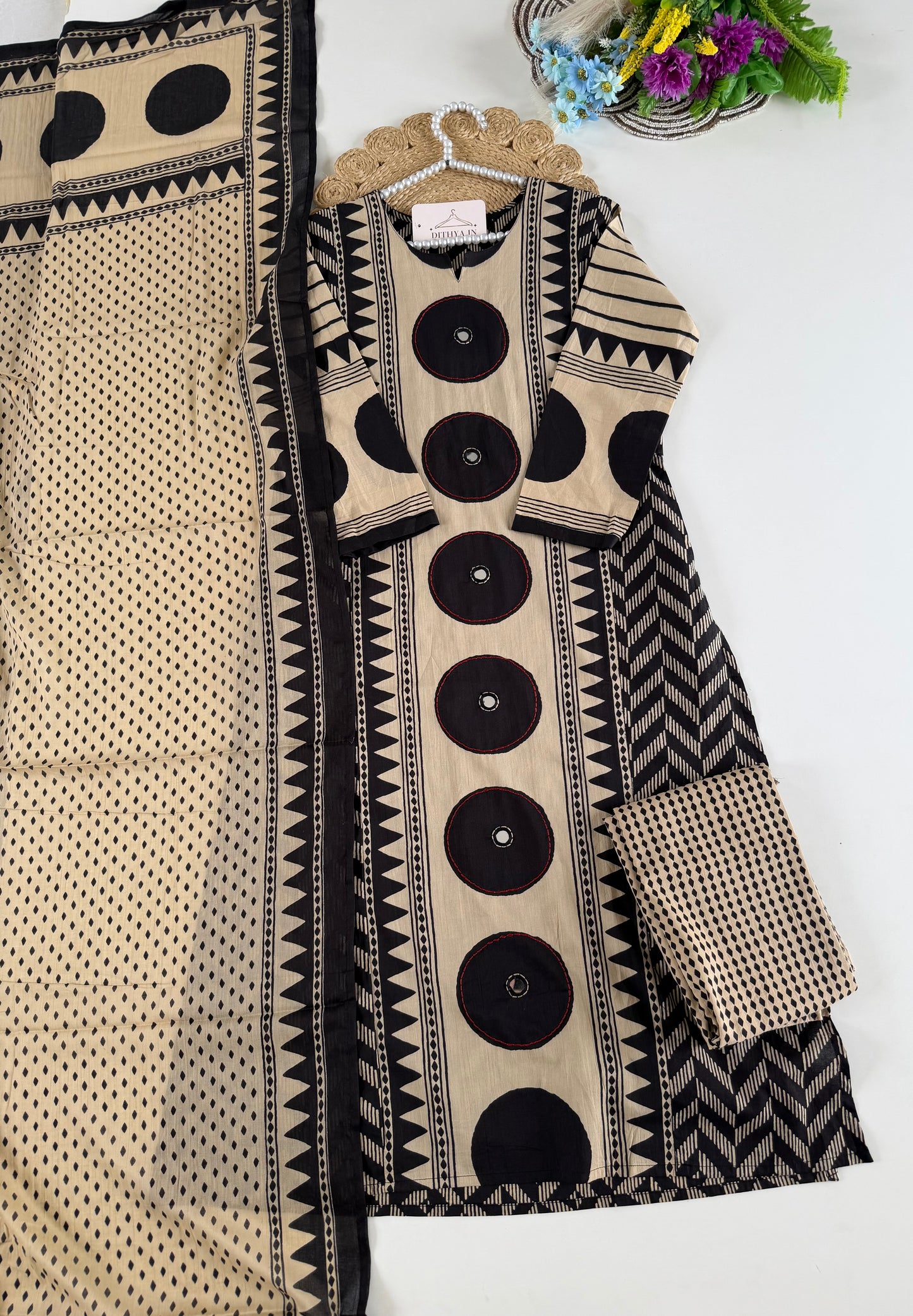 K428 - Cotton embroidered straight Kurti with pants and dupatta