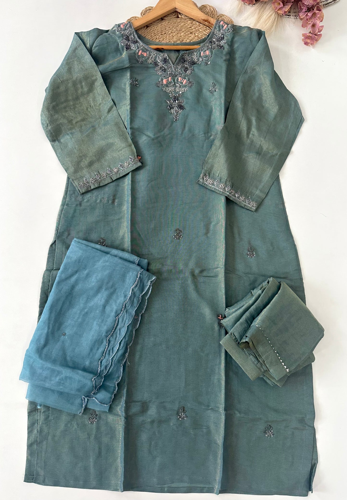 D213 - Tissue silk straight kurti with pants and dupatta