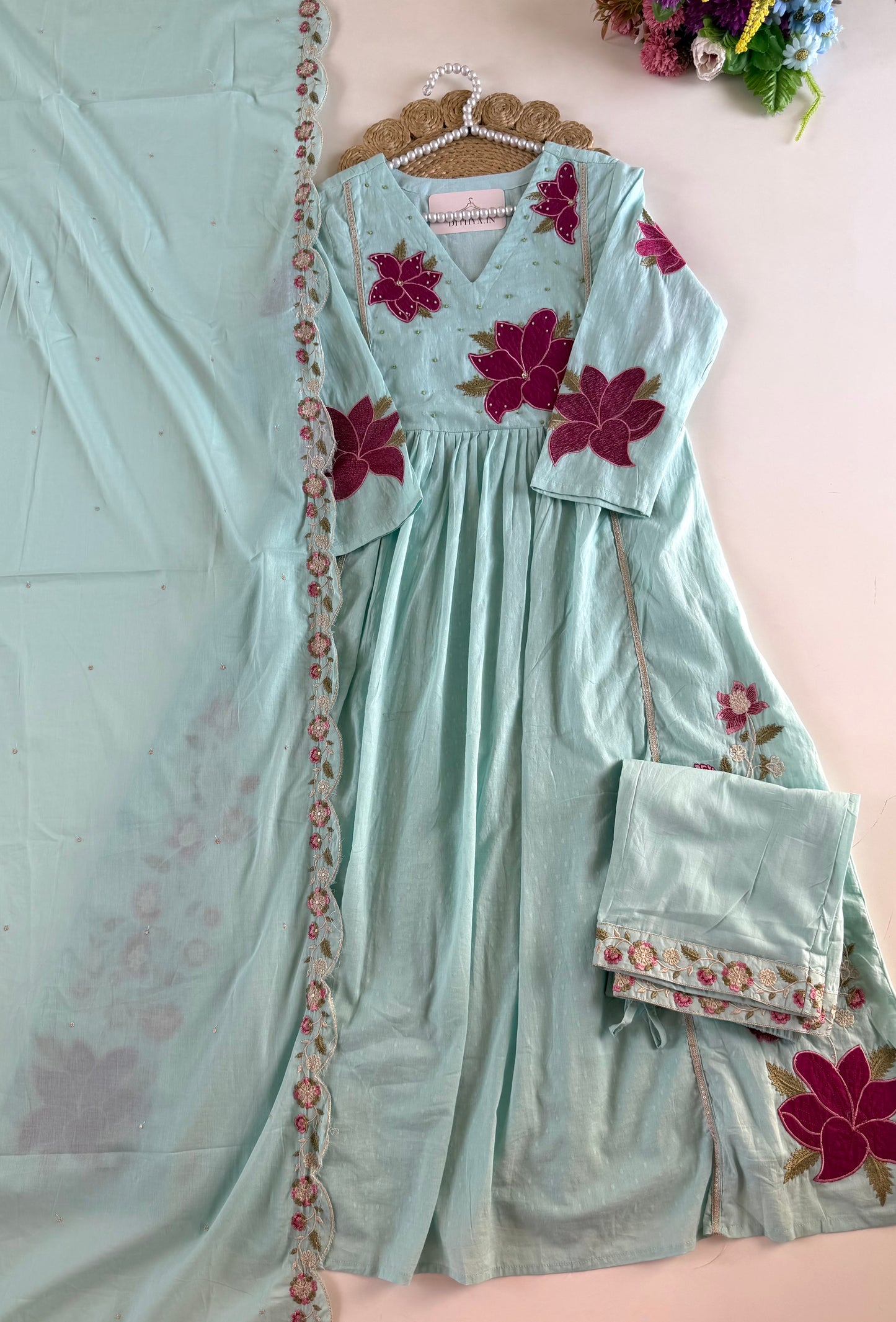 K411 - Mul Mul cotton embroidered Anarkali with pants and dupatta