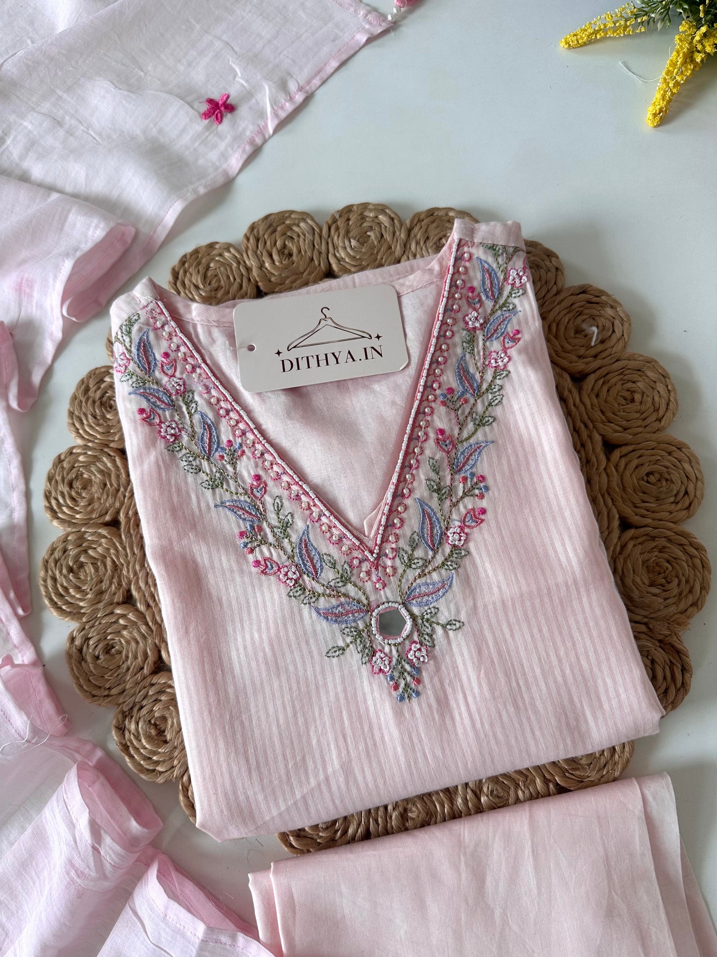 K027 - Mul cotton embroidered straight kurti with pants and dupatta