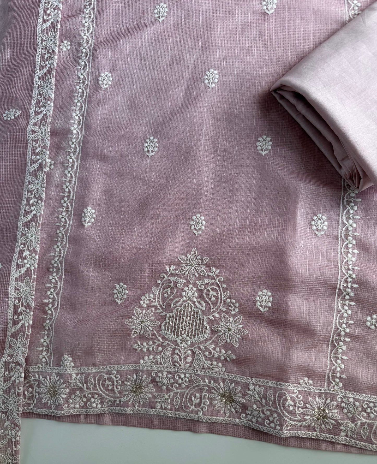 K465 - Kota Doriya embroidered straight Kurti with pants and dupatta