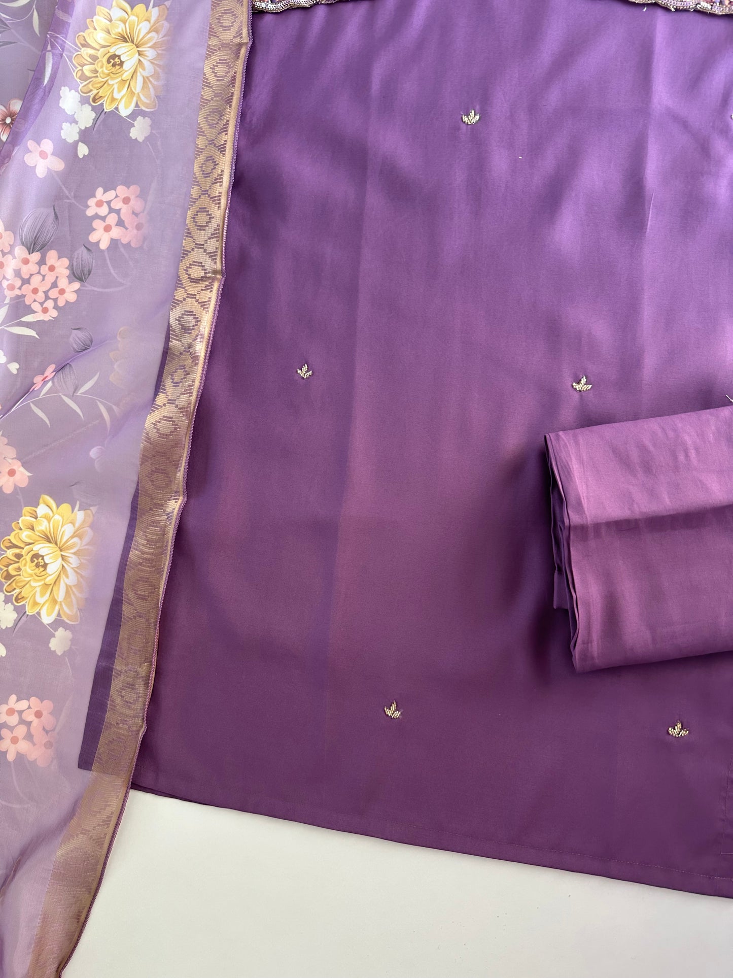 K154 - Roman silk handwork straight Kurti with pants and dupatta