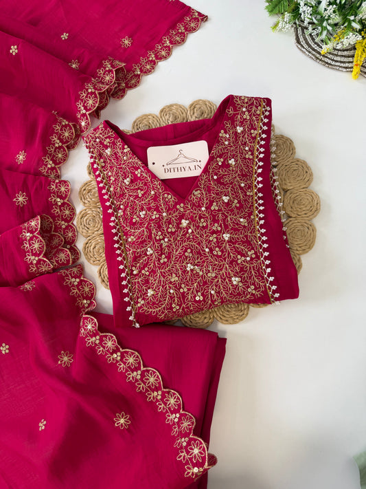 K535 - Mul chanderi handwork Aline Kurti with pants and dupatta