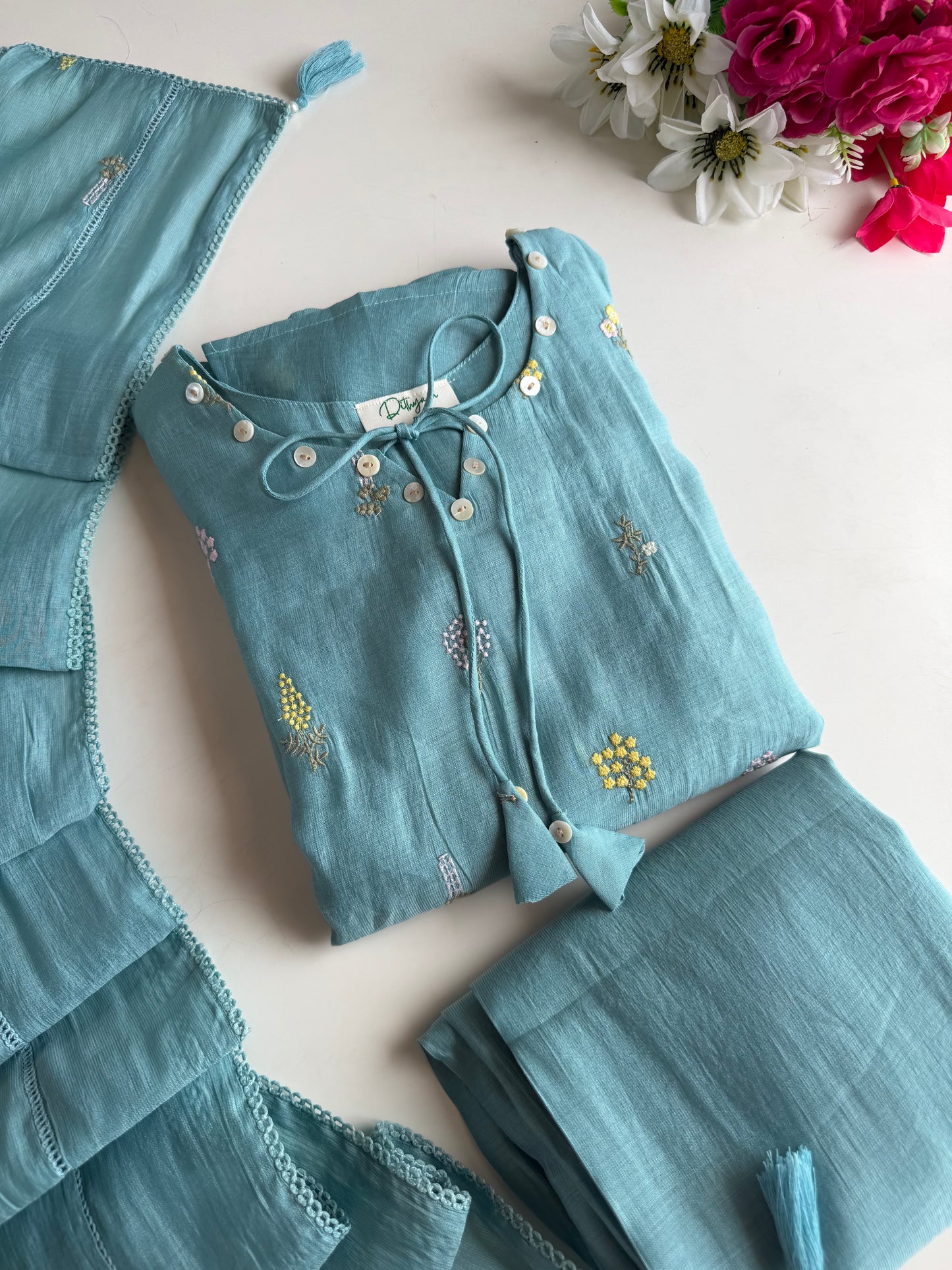 K736 - Surat Mul chanderi paisley embroidered Aline Kurti with pants and dupatta in 2 colours