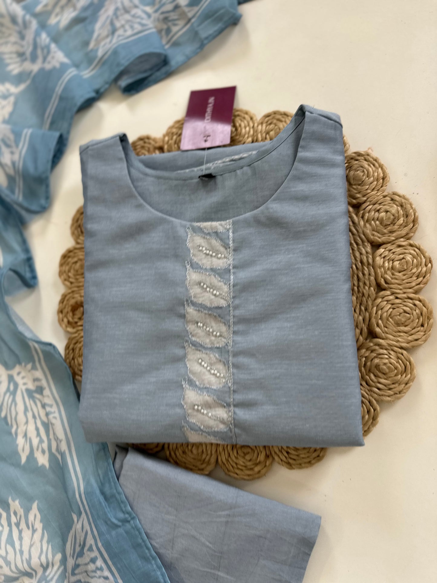 K220 - Linen cotton handwork straight Kurti with pants and  dupatta