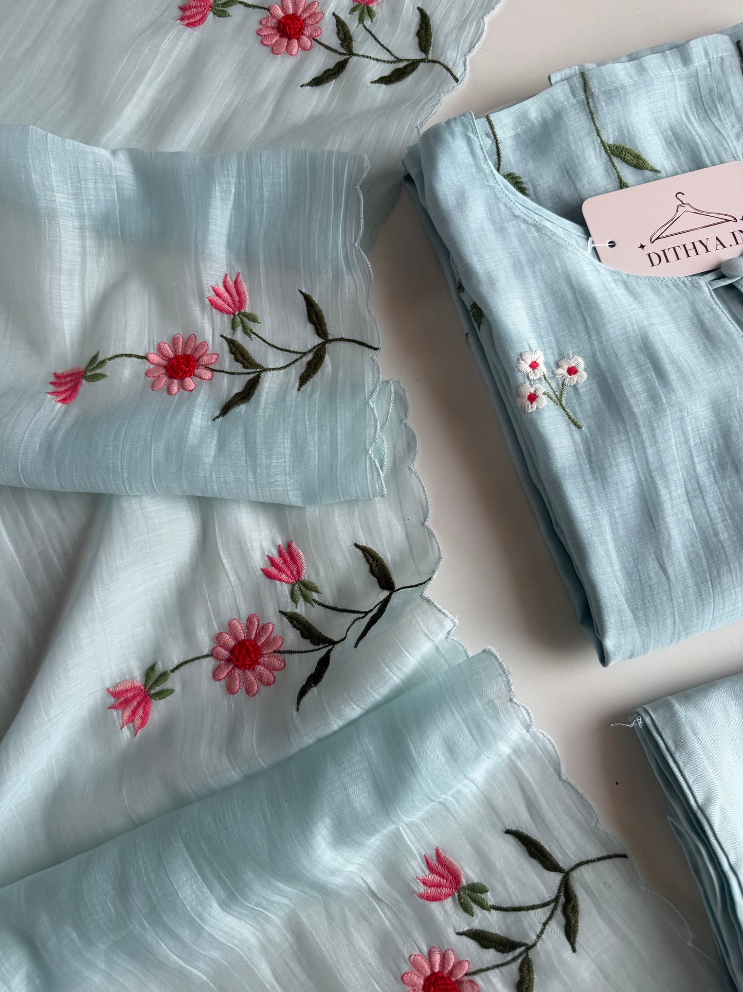 K629 - Mul chanderi 3D embroidered straight Kurti with pants and dupatta