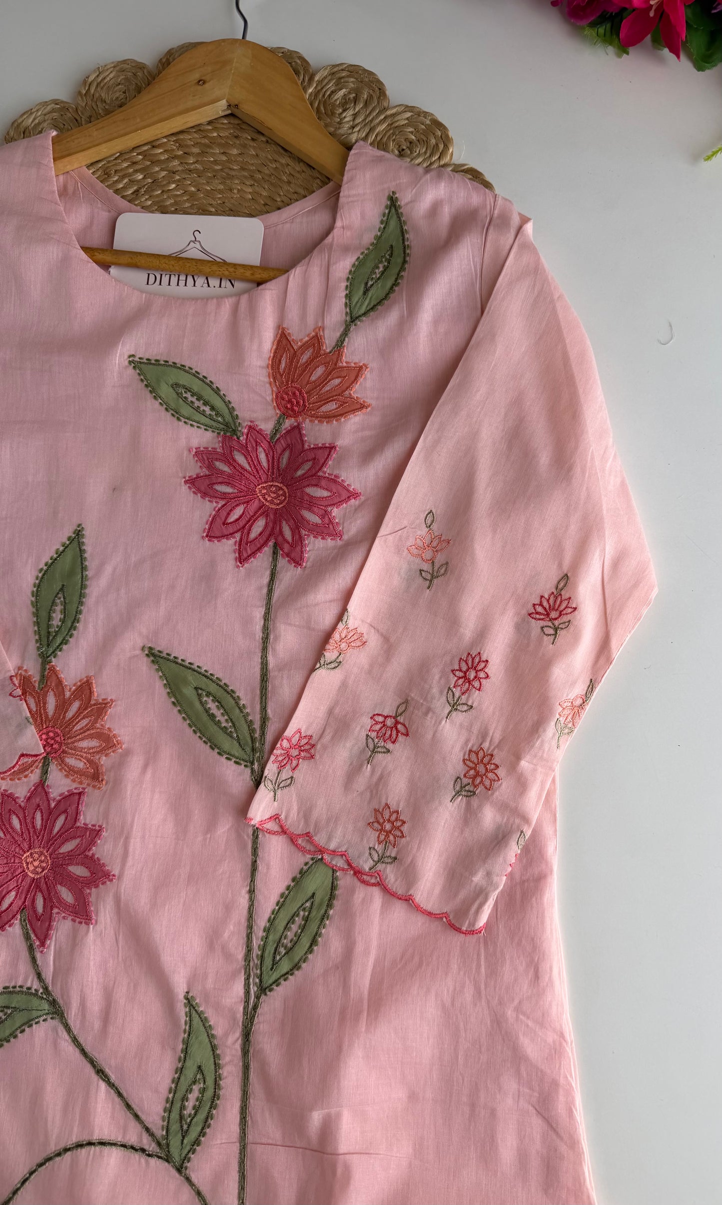 K732 - Mul cotton appliqué embroidered straight Kurti with pants and dupatta