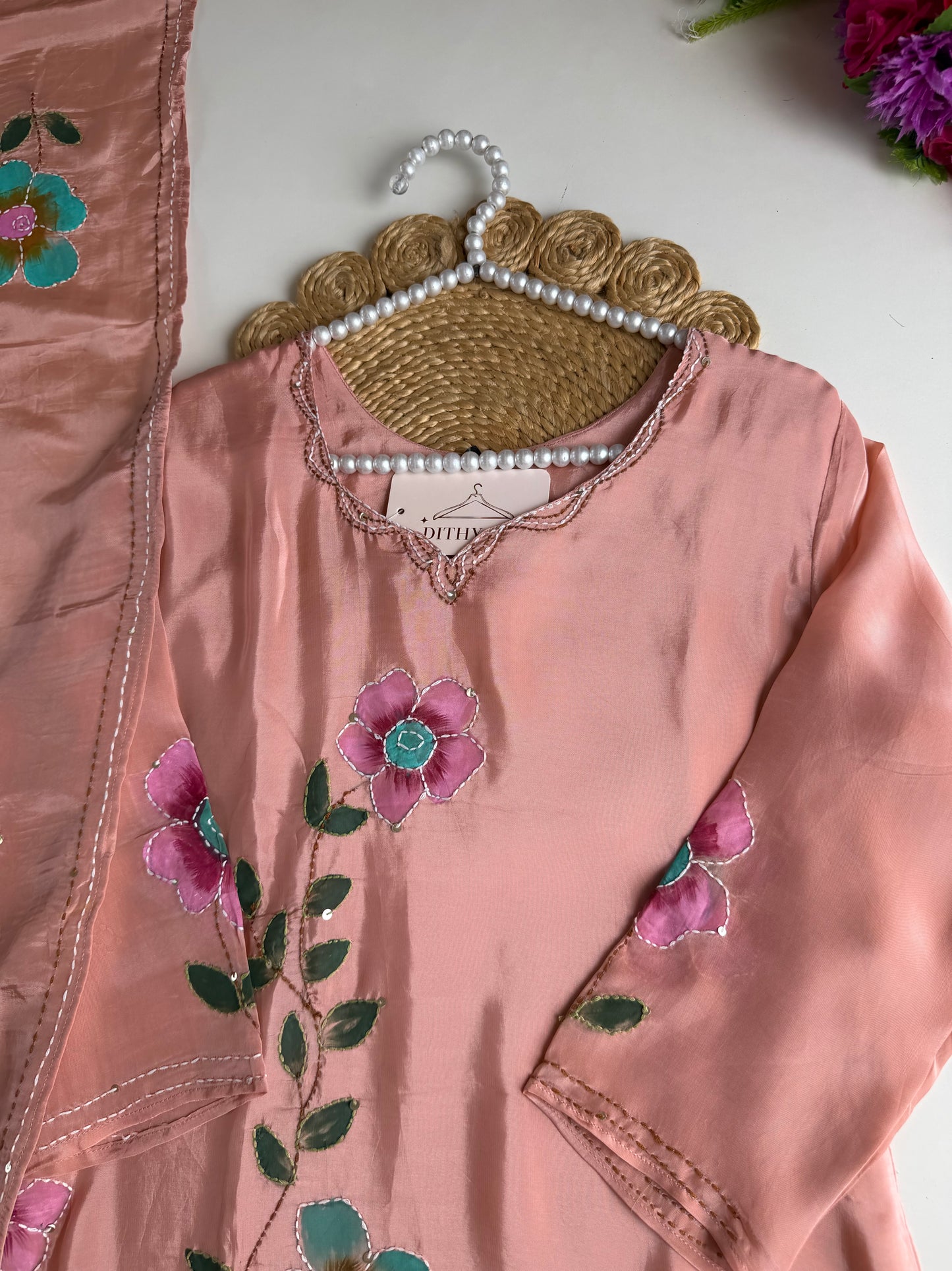 K120 - Pure crape hand painted embroidered Aline Kurti with pants and dupatta