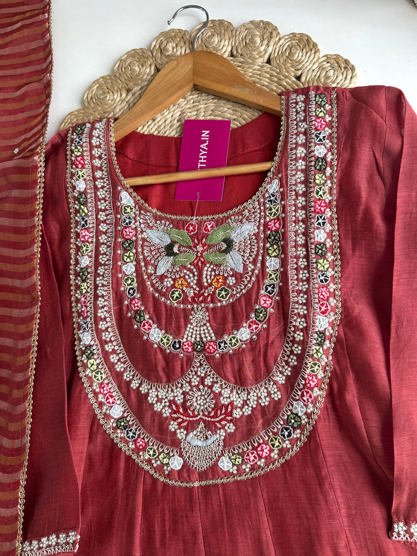 K037 - Mul Chanderi handwork Anarkali with pants and dupatta