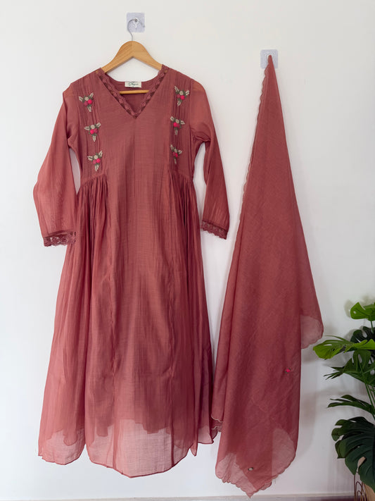 K052 - Mul chanderi embroidered Anarkali with pants and dupatta