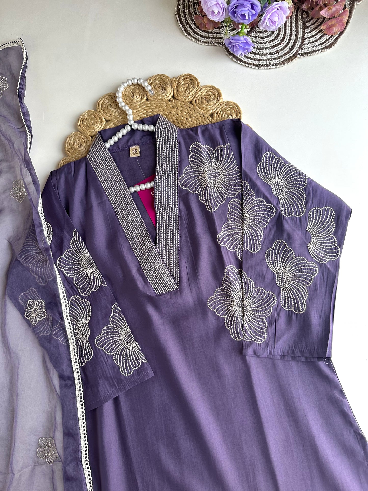 K105 - Roman silk Embroidered straight kurti with pants and dupatta