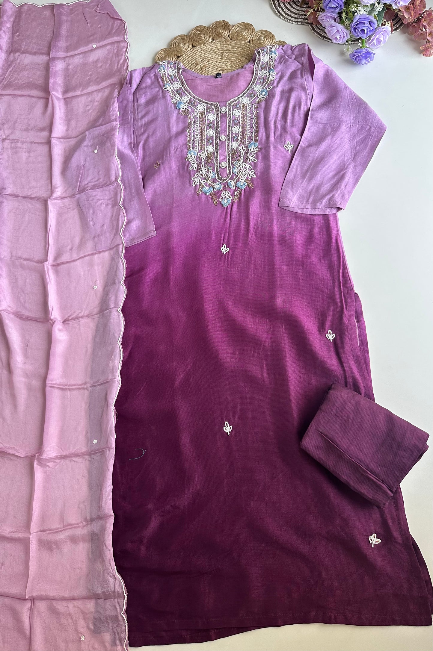 D066 -Russian silk straight kurti with pants and dupatta