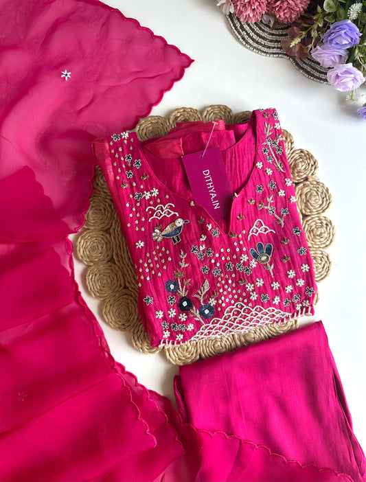 K128 - Mul Chanderi Handwork Anarkali with pants and dupatta