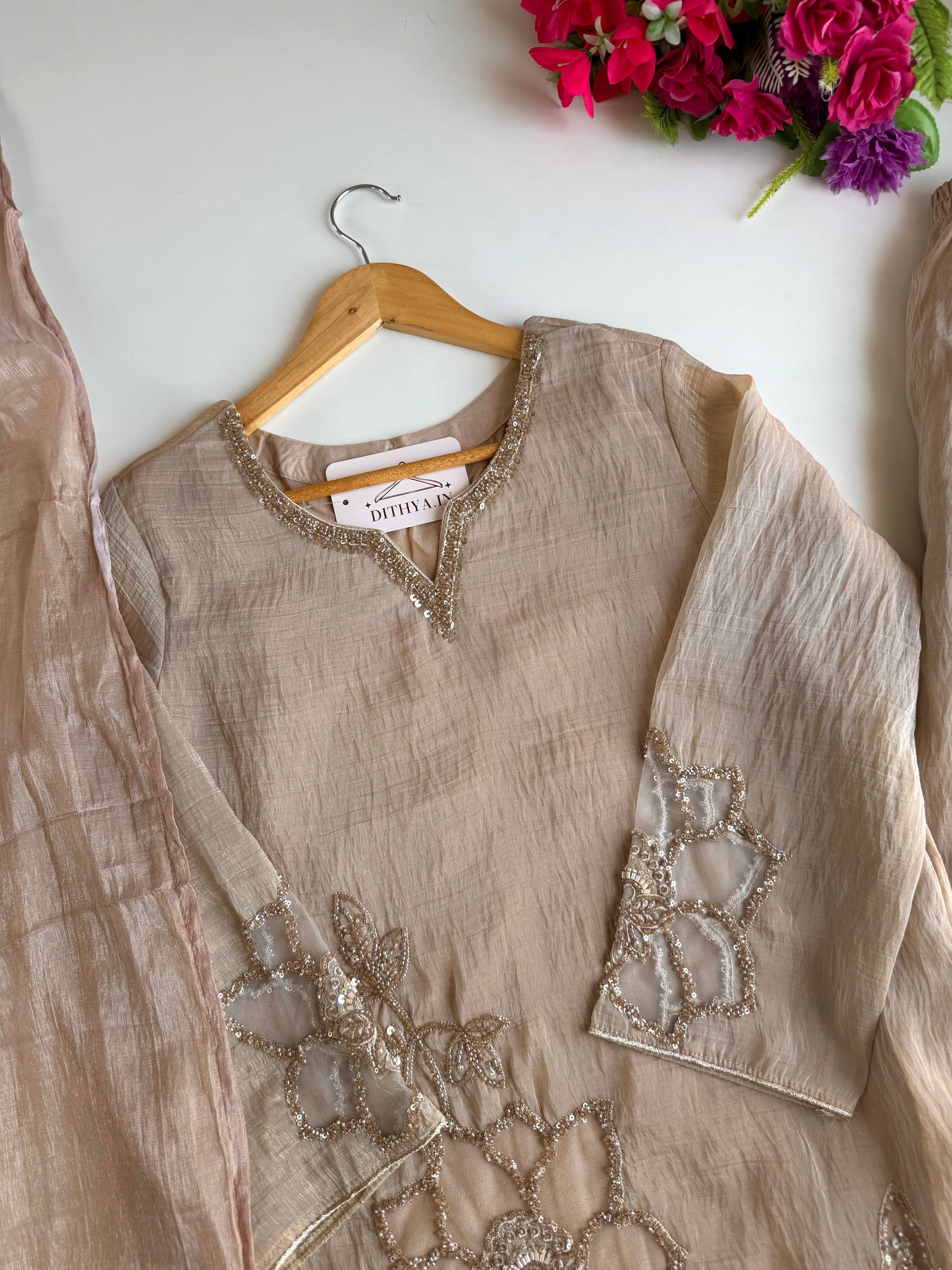 K344 - Tissue silk handwork short Kurti with divider pants and dupatta