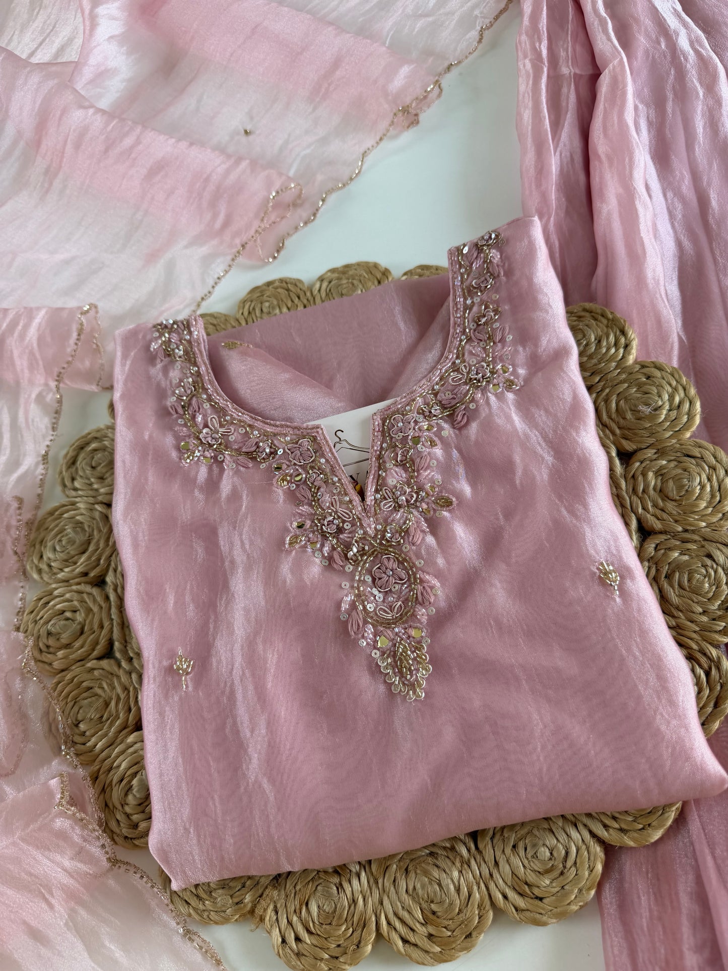 K391 - Glass tissue silk handwork short Kurti with divider pants and dupatta