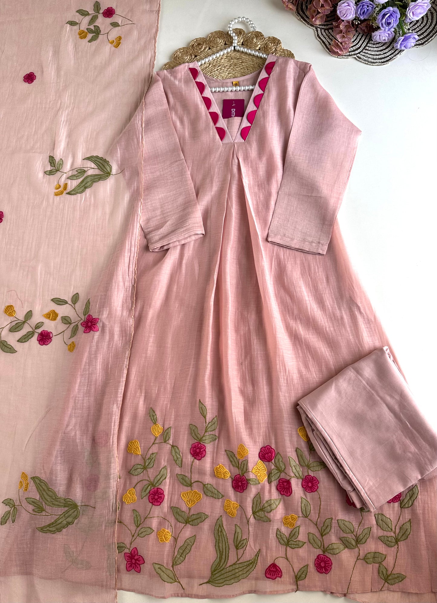 K106 - Mul Chanderi Appliqué work Aline Kurti with pants and dupatta