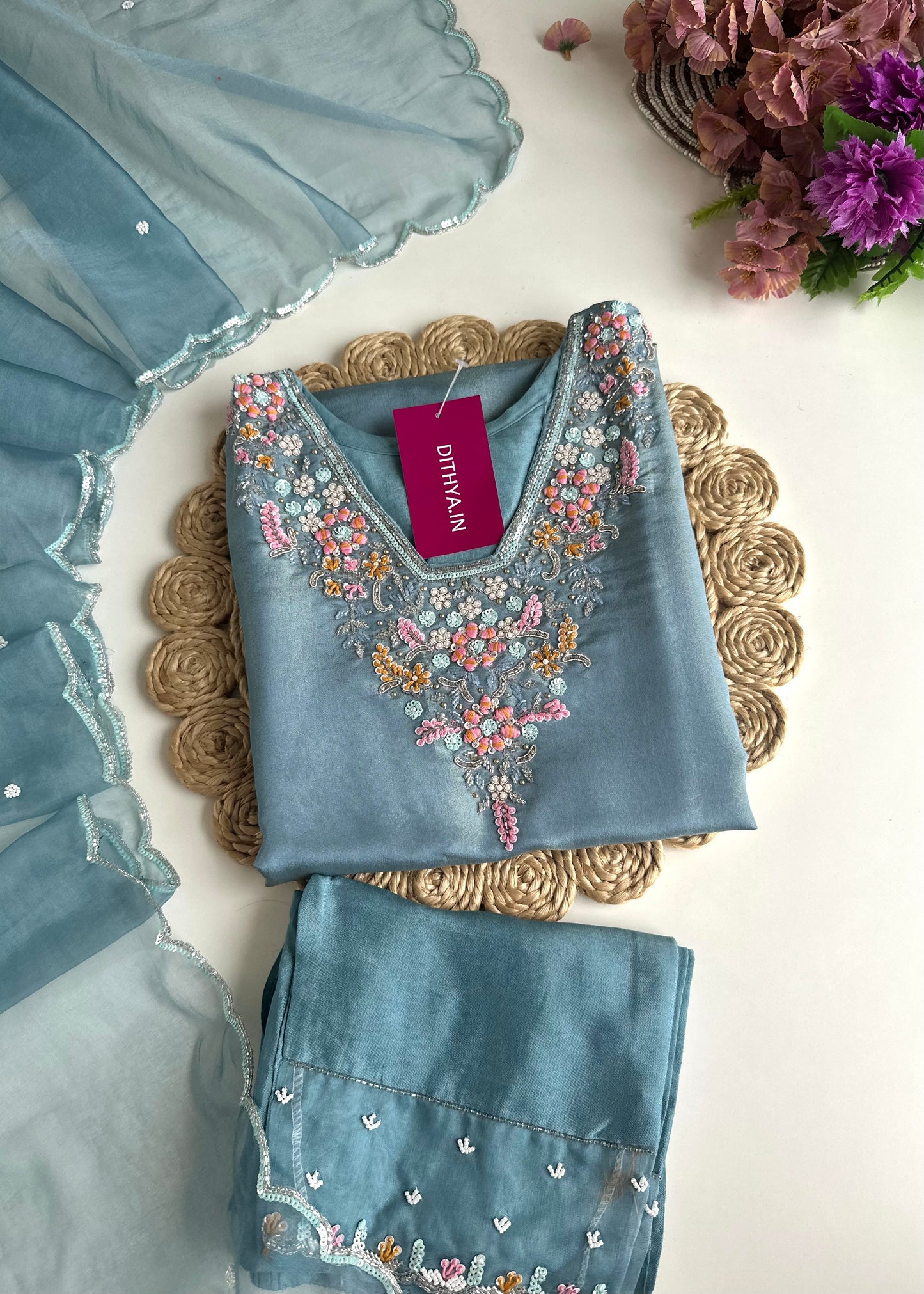 K138 - Tissue silk handwork straight Kurti with pants and dupatta