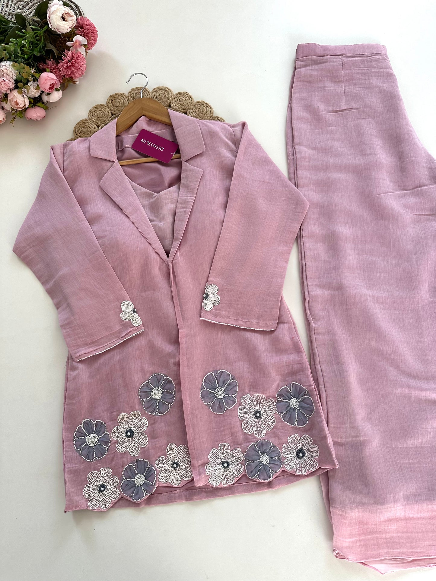 K171 - Mul Chanderi pearl work blazer set with palazzo in 2 colours