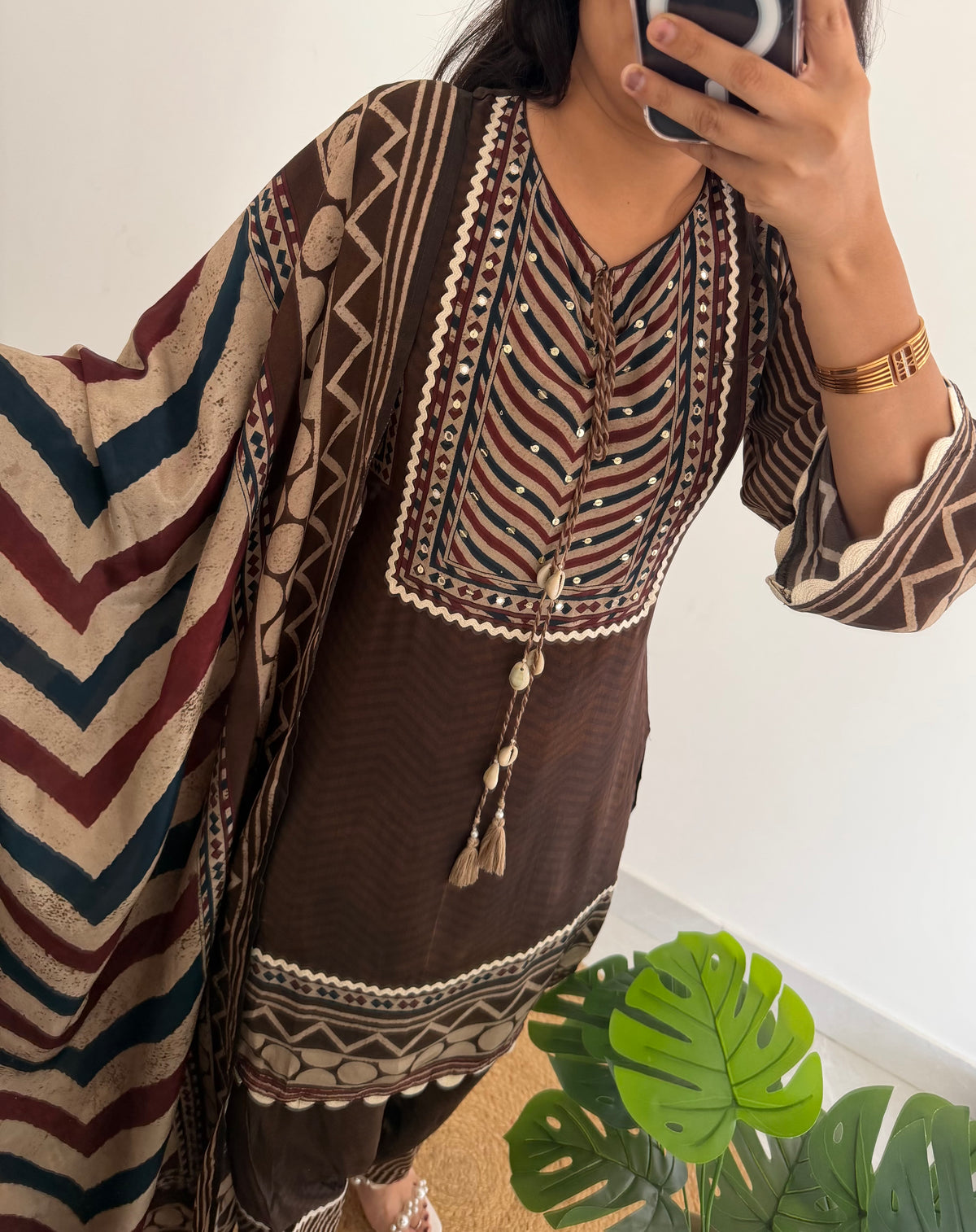 K371 - Pure crape Ajrakh handwork farshi salwar with dupatta and farshi pants