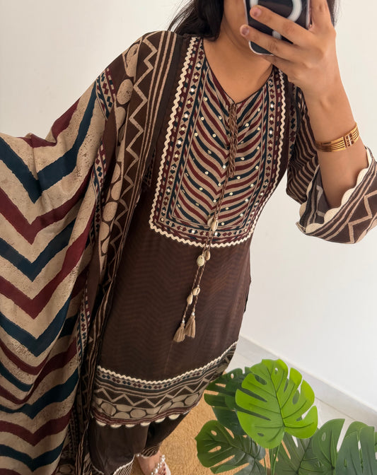 K371 - Pure crape Ajrakh handwork farshi salwar with dupatta and farshi pants