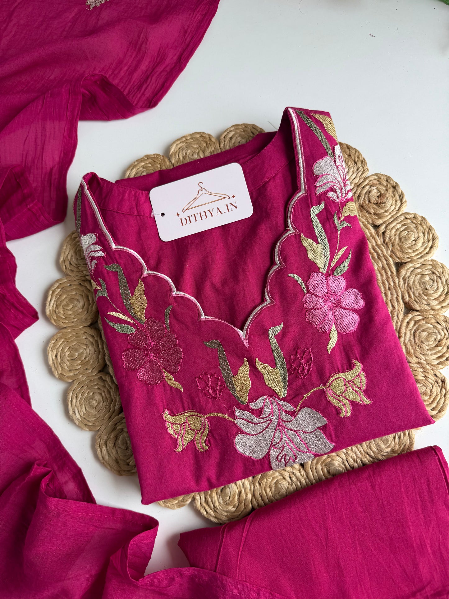 K114 - Mul cotton embroidered straight Kurti with pants and dupatta
