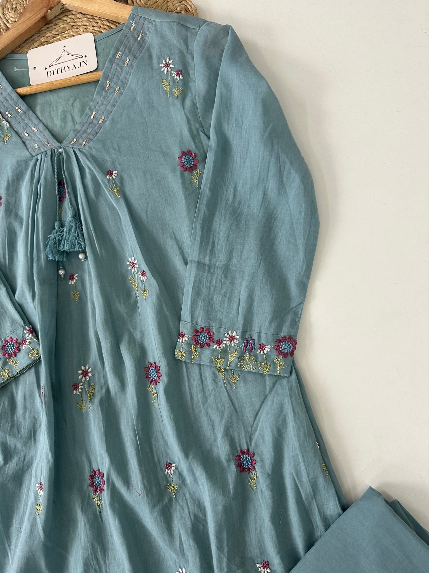 K395 - Mul cotton embroidered Aline Kurti with pants and dupatta in 3 colours